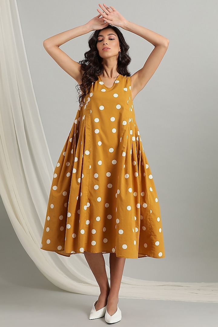 Mustard Cambric Polka Dotted Dress by Kyra By Bhavna
