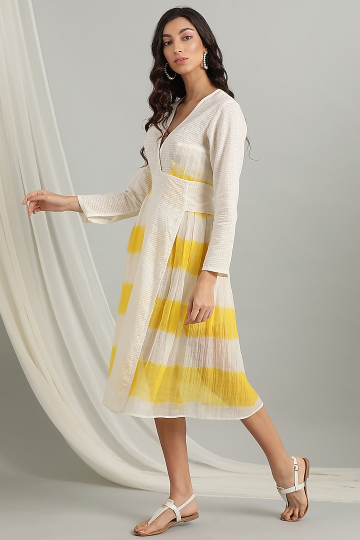 Yellow Knee Length Pleated Dress by Kyra By Bhavna