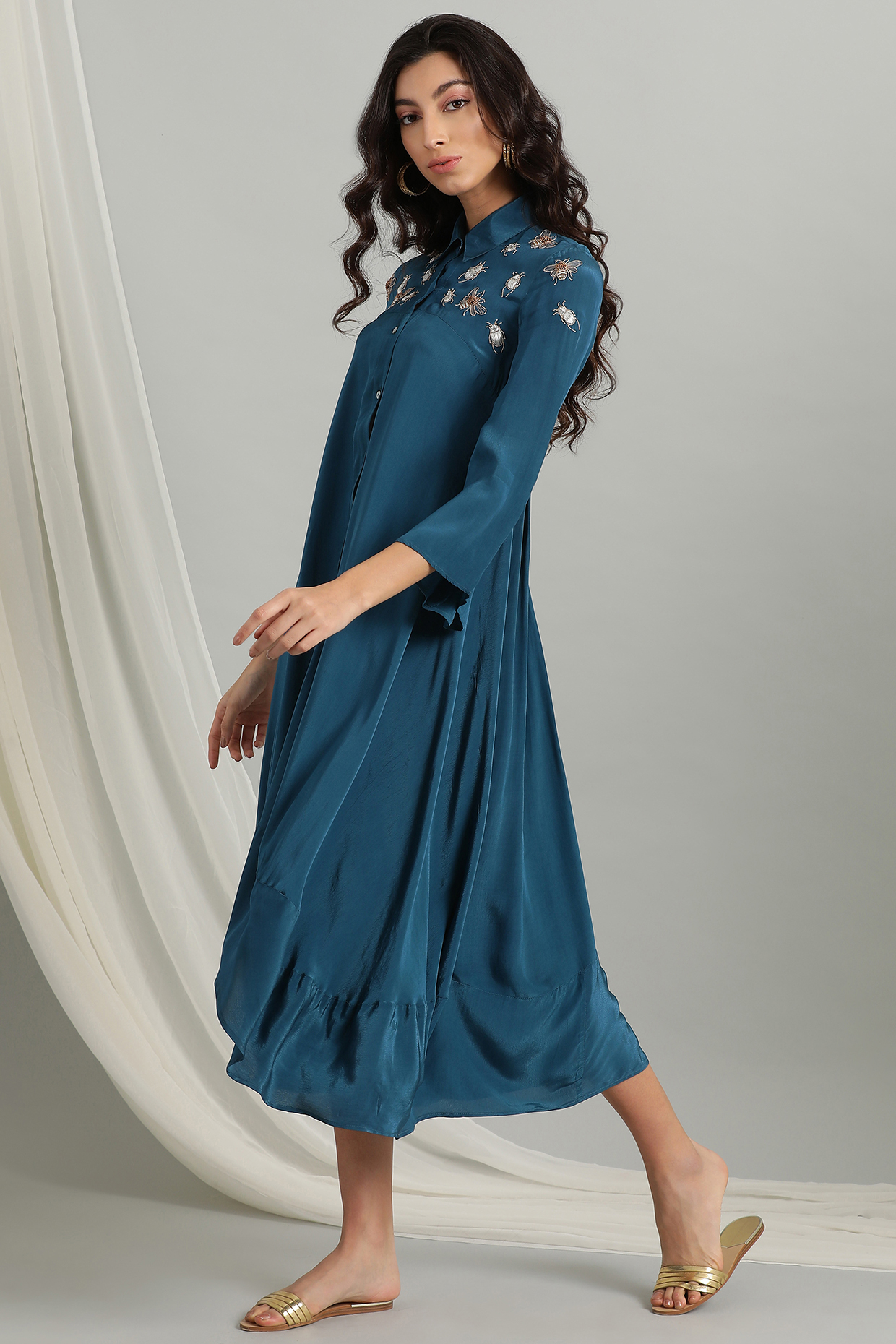 Teal Asymmetrical Button Down Dress by Kyra By Bhavna