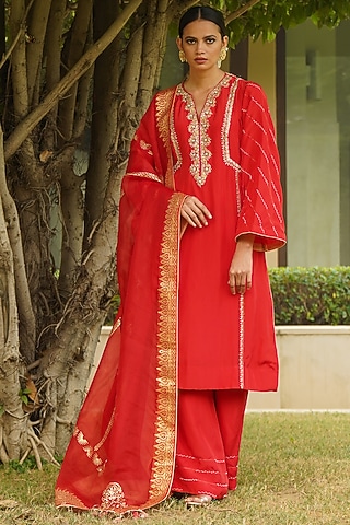 Red Zardosi Hand Embroidered Kurta Set by Kyra By Bhavna