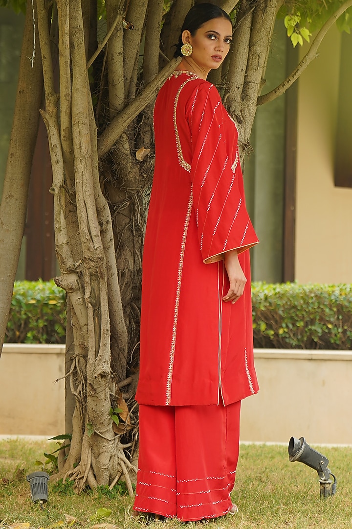 Red Zardosi Hand Embroidered Kurta Set by Kyra By Bhavna at Pernia's Pop Up Shop