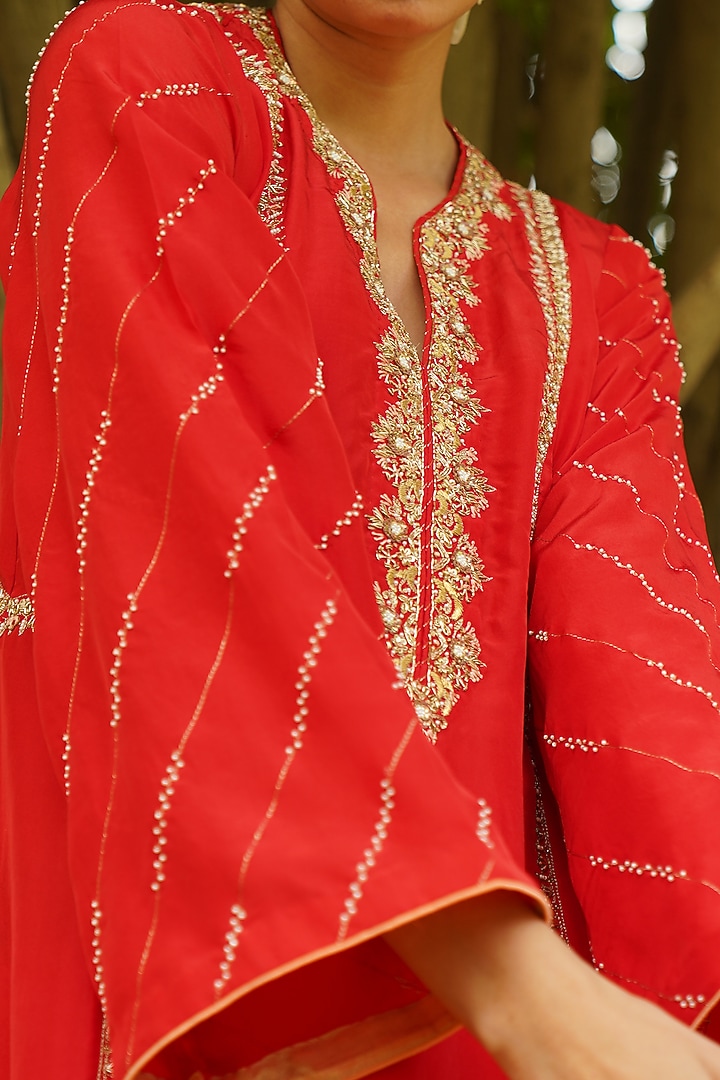 Red Zardosi Hand Embroidered Kurta Set by Kyra By Bhavna at Pernia's Pop Up Shop