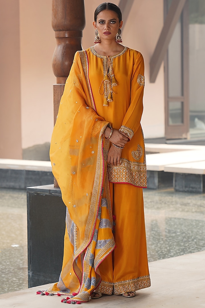 Mustard Hand Embroidered Short Kurta Set by Kyra By Bhavna