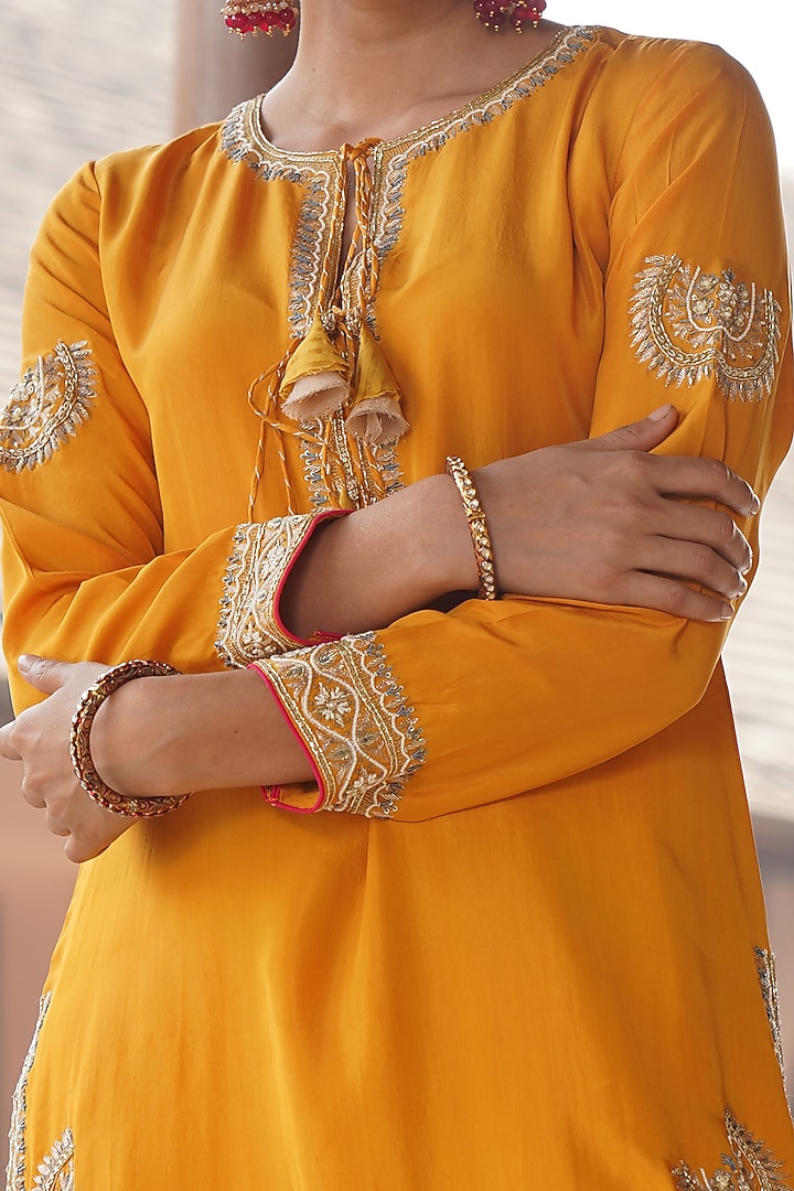 Mustard Hand Embroidered Short Kurta Set by Kyra By Bhavna at Pernia's Pop Up Shop