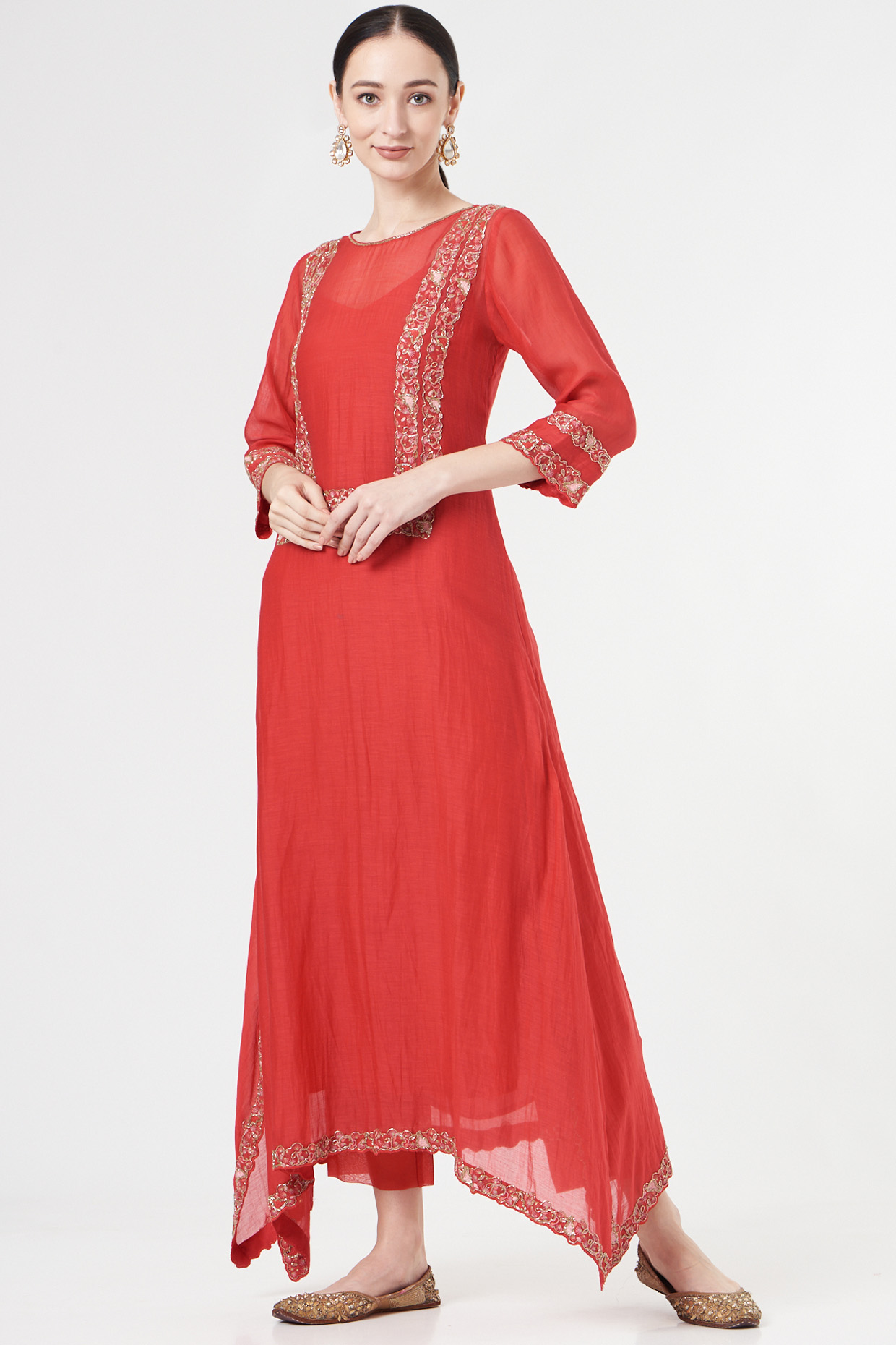 Red Embroidered Kurta Set by Kyra By Bhavna at Pernia's Pop Up Shop