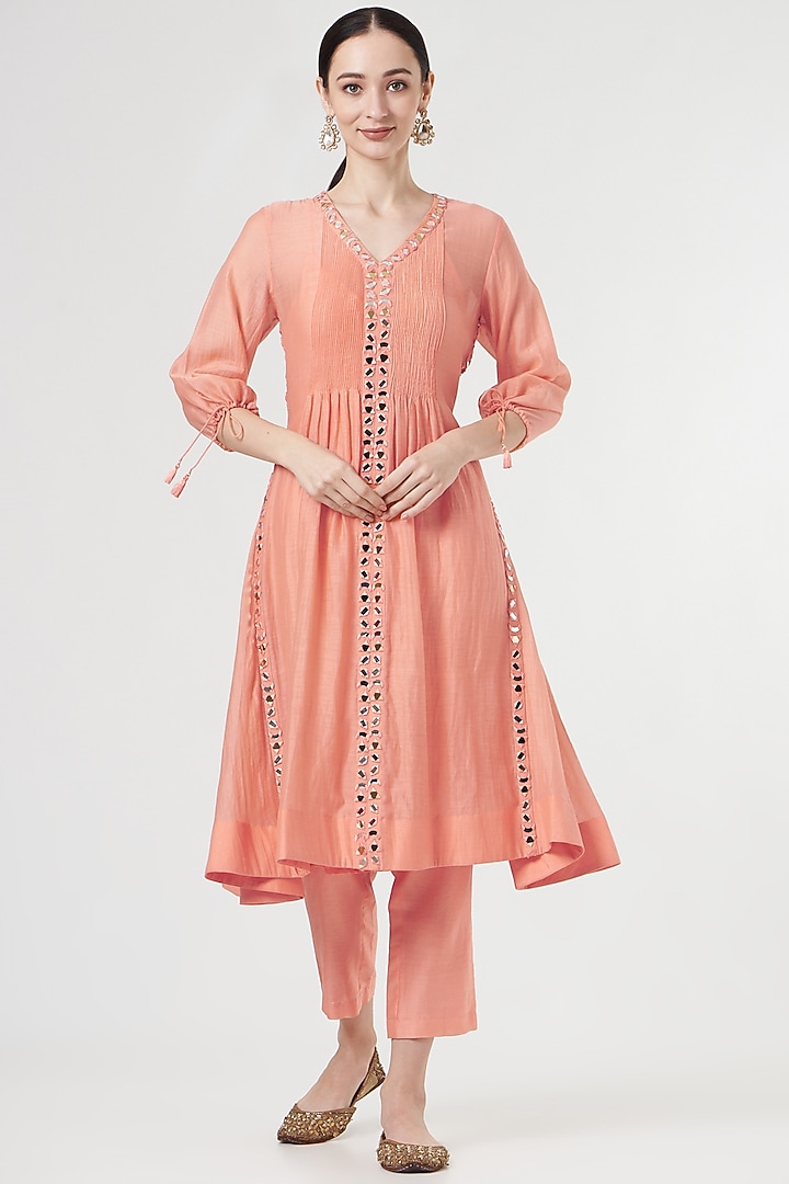 Peach Embellished Kurta Set by Kyra By Bhavna at Pernia's Pop Up Shop