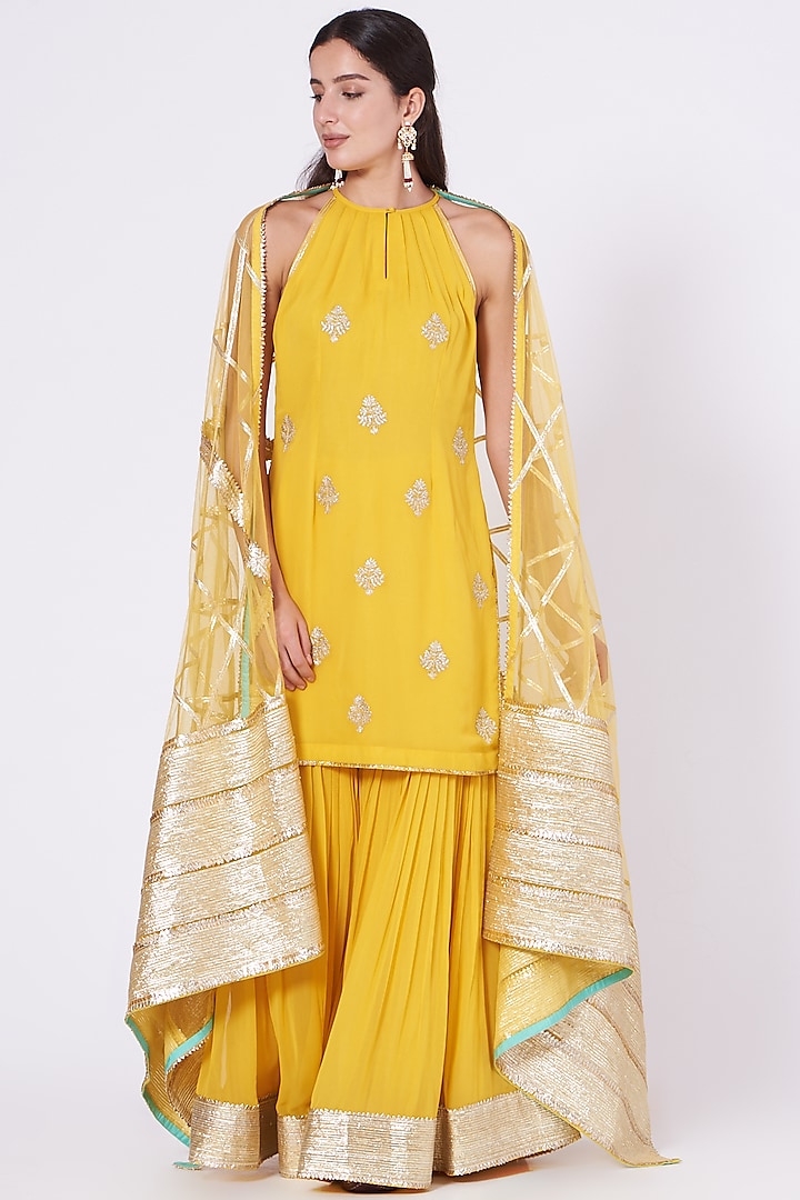 Yellow Gota Embroidered Sharara Set by Kyra By Bhavna