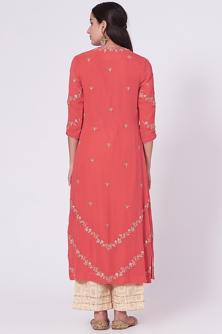 Coral Embroidered Kurta Set by Kyra By Bhavna at Pernia's Pop Up Shop