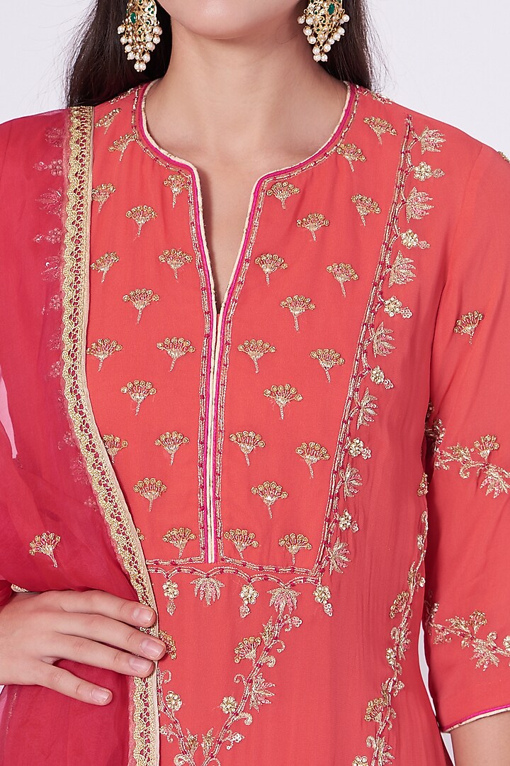 Coral Embroidered Kurta Set by Kyra By Bhavna at Pernia's Pop Up Shop