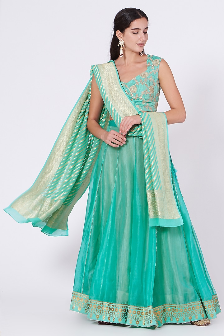 Aqua Green Embroidered Lehenga Set by Kyra By Bhavna