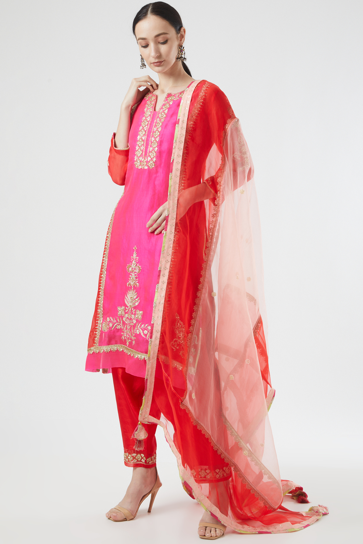Fuchsia & Red Hand Embroidered Kurta Set by Kyra By Bhavna at Pernia's Pop Up Shop