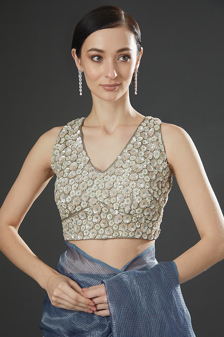 Sky Blue Linen Tissue Party Wear Saree Set by Kyra By Nina & Deepika at Pernia's Pop Up Shop