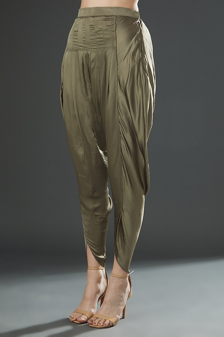 Olive Green Bamberg Satin Hand Painted Co-Ord Set by Kyra By Nina & Deepika at Pernia's Pop Up Shop
