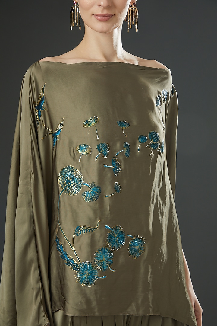 Olive Green Bamberg Satin Hand Painted Co-Ord Set by Kyra By Nina & Deepika at Pernia's Pop Up Shop
