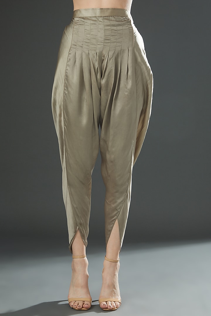 Olive Green Bamberg Satin Hand Painted Co-Ord Set by Kyra By Nina & Deepika at Pernia's Pop Up Shop