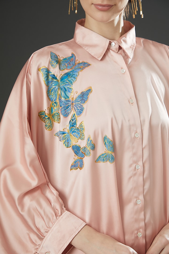 Powder Pink Satin Hand Painted Co-Ord Set by Kyra By Nina & Deepika at Pernia's Pop Up Shop