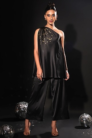Black Armani Satin Hand Painted Co-Ord Set by Kyra By Nina & Deepika