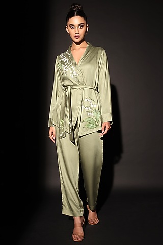 Green Rayon Satin Hand Painted Co-Ord Set by Kyra By Nina & Deepika