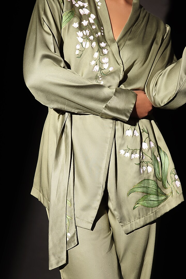 Green Rayon Satin Hand Painted Co-Ord Set by Kyra By Nina & Deepika at Pernia's Pop Up Shop