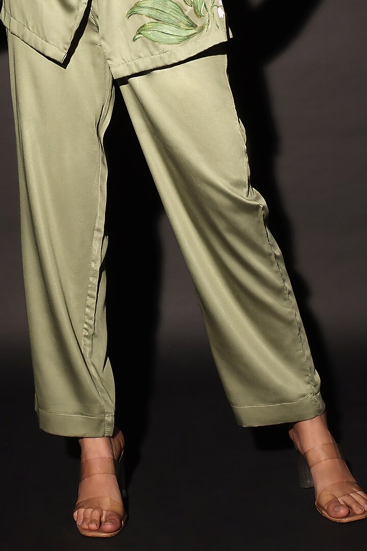 Green Rayon Satin Hand Painted Co-Ord Set by Kyra By Nina & Deepika at Pernia's Pop Up Shop