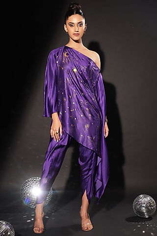 Purple Armani Satin Hand Painted Co-Ord Set by Kyra By Nina & Deepika