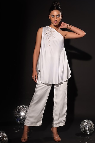 Ivory Bemberg Satin Hand Painted Co-Ord Set by Kyra By Nina & Deepika