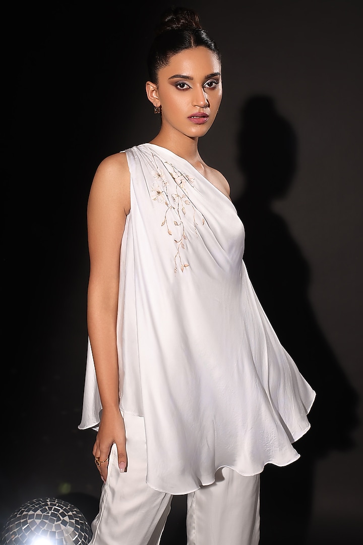 Ivory Bemberg Satin Hand Painted Co-Ord Set by Kyra By Nina & Deepika at Pernia's Pop Up Shop