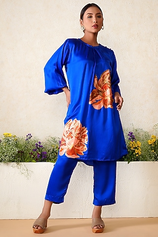 Cobalt Blue Modal Satin Hand Painted Co-Ord Set by Kyra By Nina & Deepika