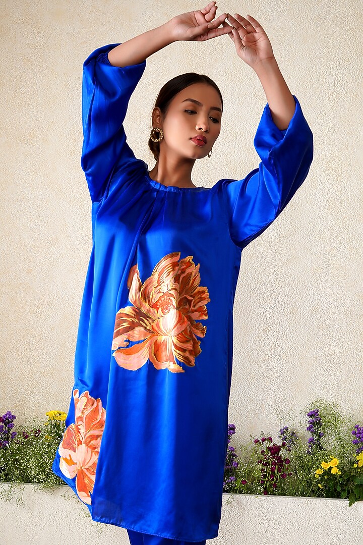 Cobalt Blue Modal Satin Hand Painted Co-Ord Set by Kyra By Nina & Deepika at Pernia's Pop Up Shop