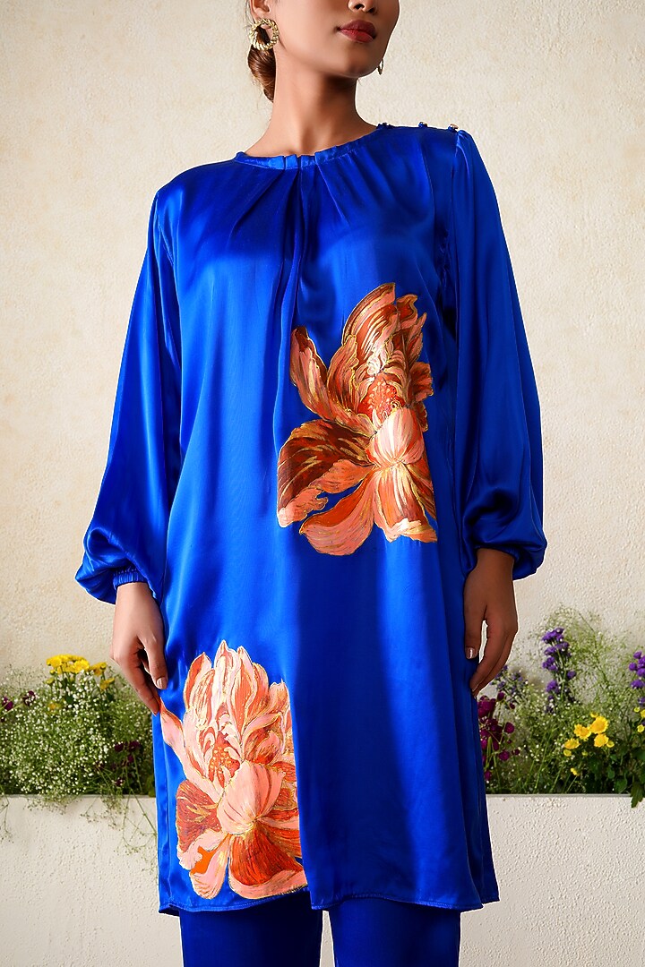 Cobalt Blue Modal Satin Hand Painted Co-Ord Set by Kyra By Nina & Deepika at Pernia's Pop Up Shop