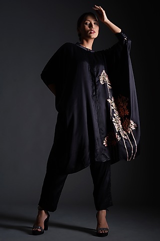 Black Modal Satin Floral Hand Painted Co-Ord Set by Kyra By Nina & Deepika