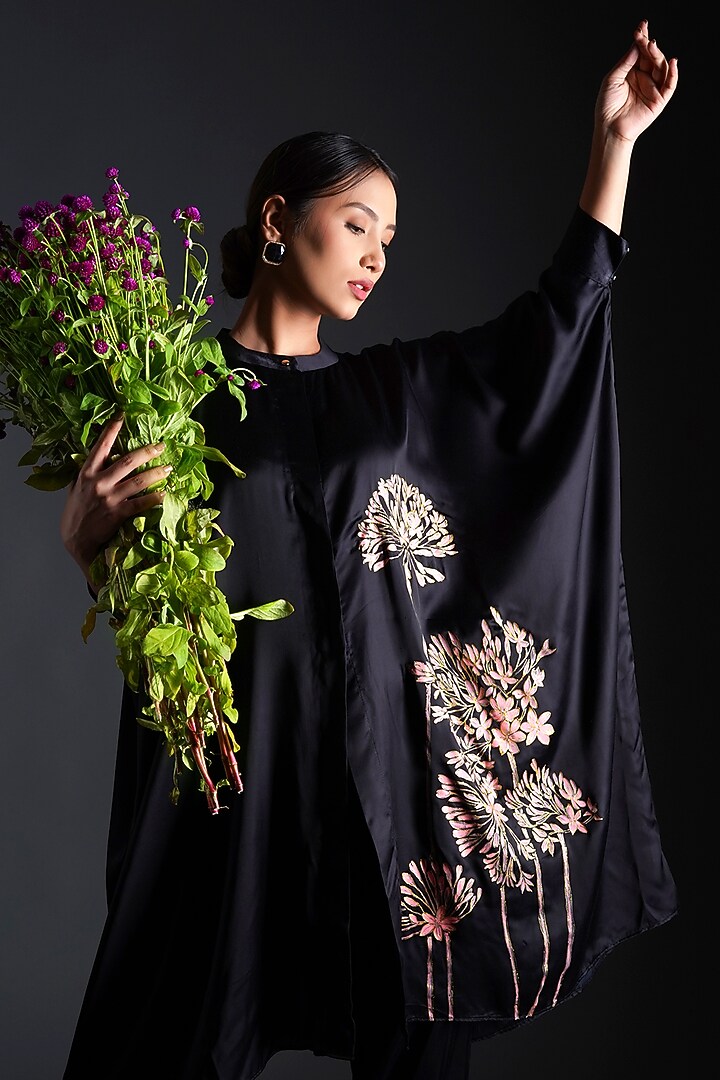 Black Modal Satin Floral Hand Painted Co-Ord Set by Kyra By Nina & Deepika at Pernia's Pop Up Shop