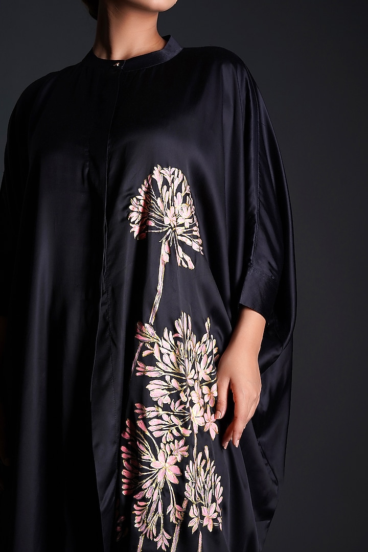 Black Modal Satin Floral Hand Painted Co-Ord Set by Kyra By Nina & Deepika at Pernia's Pop Up Shop