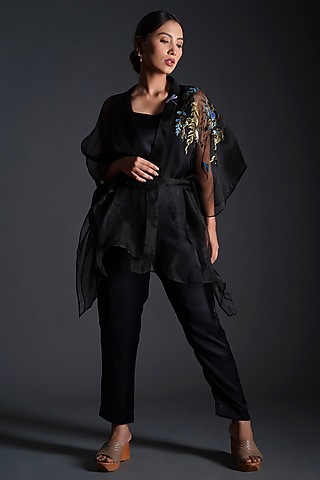 Black Silk Organza Hand Painted Co-Ord Set by Kyra By Nina & Deepika