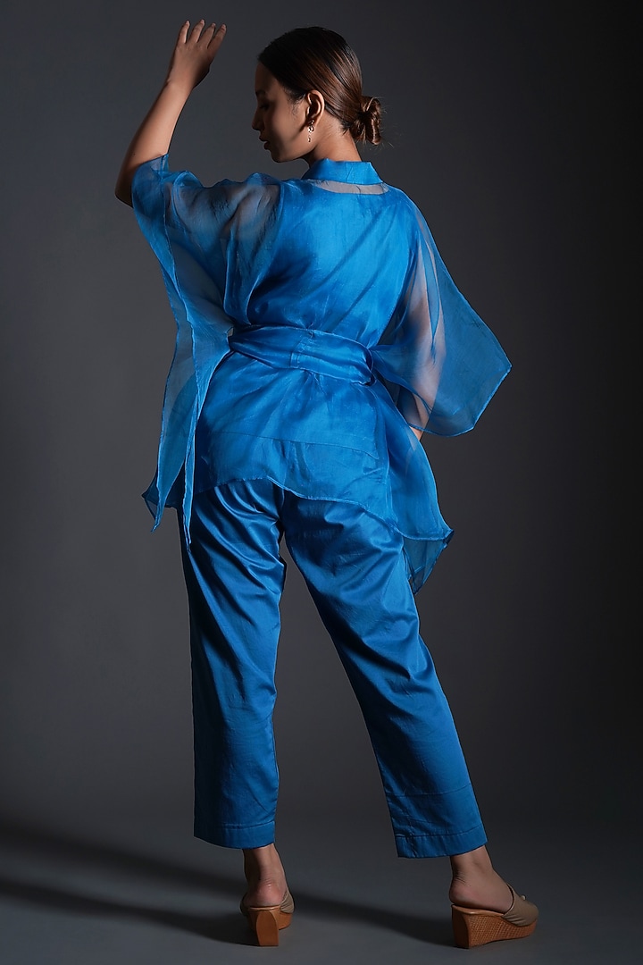 Blue Silk Organza Floral Hand Painted Co-Ord Set by Kyra By Nina & Deepika at Pernia's Pop Up Shop