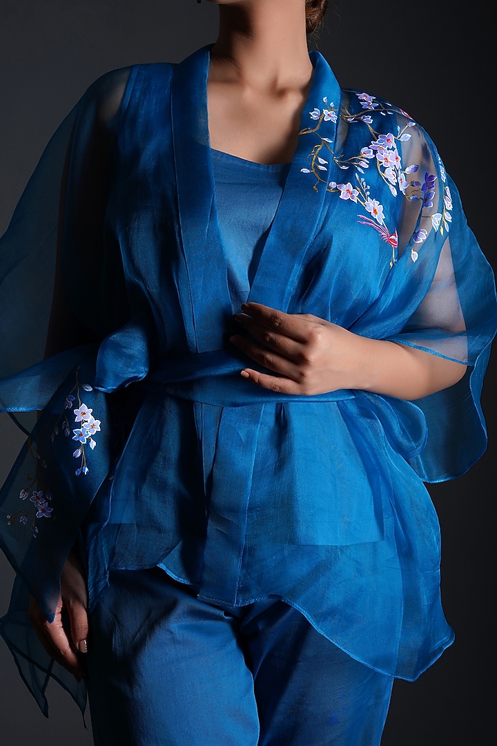 Blue Silk Organza Floral Hand Painted Co-Ord Set by Kyra By Nina & Deepika at Pernia's Pop Up Shop