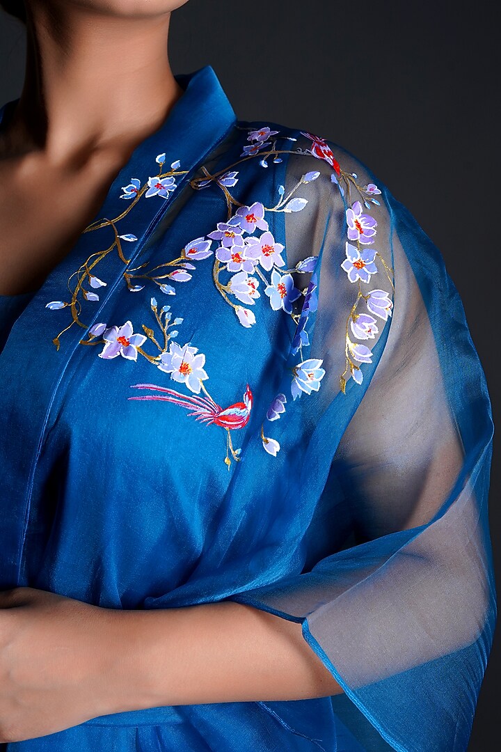 Blue Silk Organza Floral Hand Painted Co-Ord Set by Kyra By Nina & Deepika at Pernia's Pop Up Shop