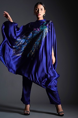 Deep Blue Modal Satin Peacock Hand Painted Co-Ord Set by Kyra By Nina & Deepika