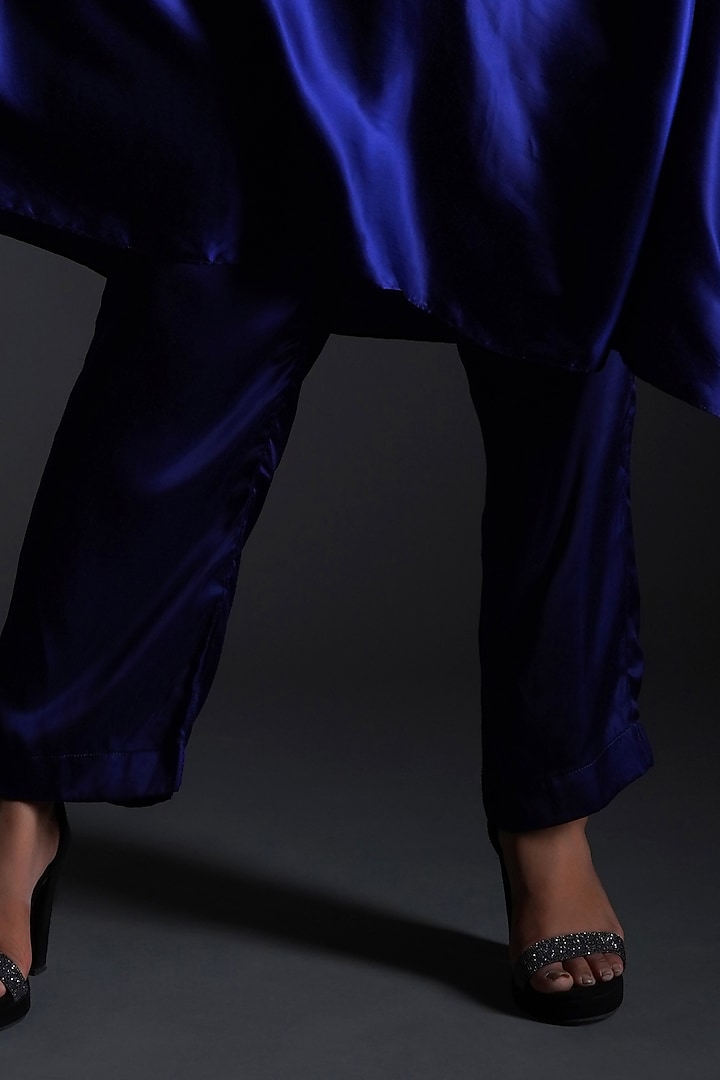 Deep Blue Modal Satin Peacock Hand Painted Co-Ord Set by Kyra By Nina & Deepika at Pernia's Pop Up Shop