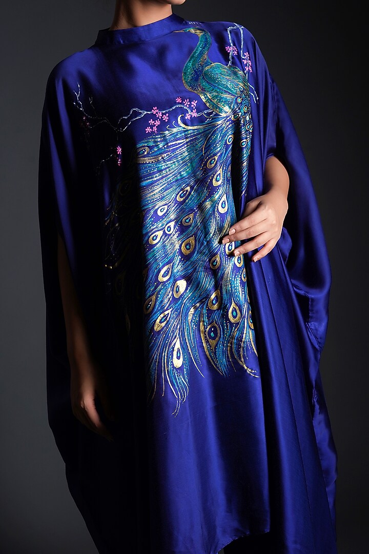 Deep Blue Modal Satin Peacock Hand Painted Co-Ord Set by Kyra By Nina & Deepika at Pernia's Pop Up Shop