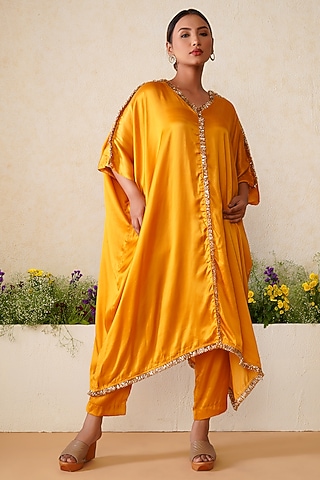 Mustard Yellow Modal Satin Hand Painted Co-Ord Set by Kyra By Nina & Deepika