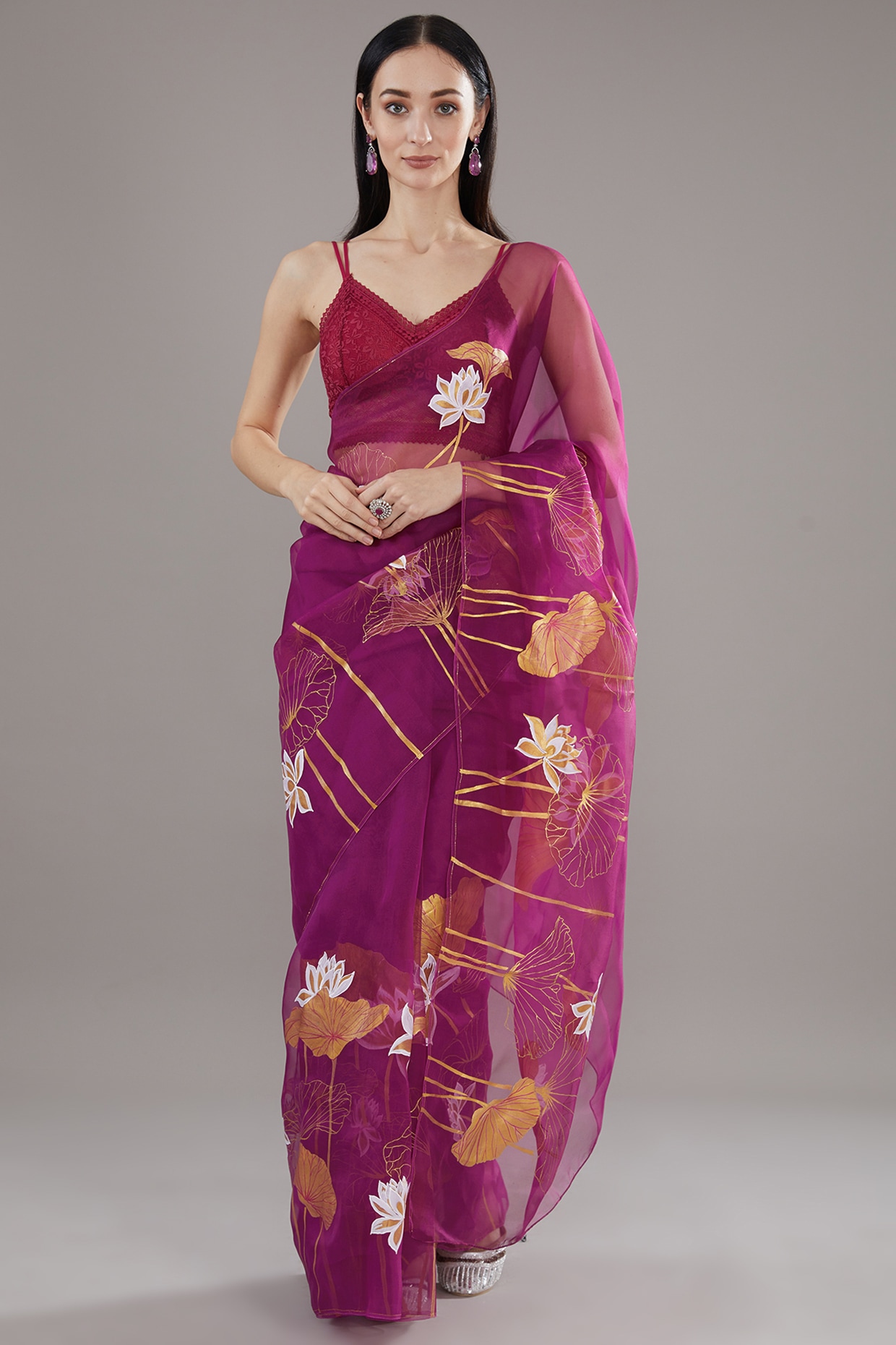 Organza Sarees : Light purple flower printed organza saree