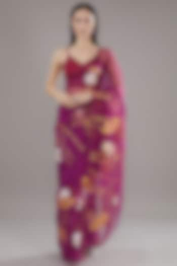 Burgundy Silk Organza Floral Hand Painted Saree Set by Kyra By Nina & Deepika at Pernia's Pop Up Shop