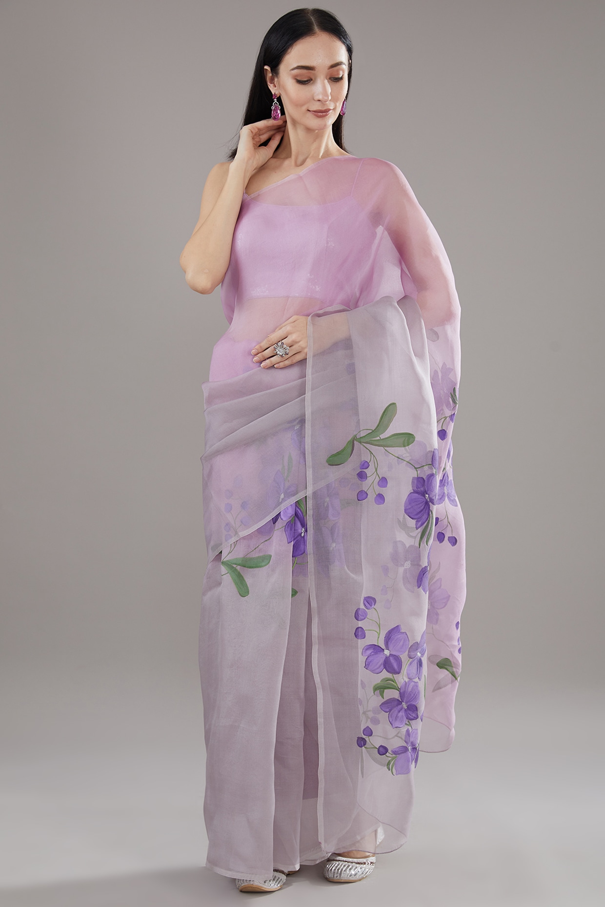 Buy Pink Floral Printed Tissue Saree - Koskii