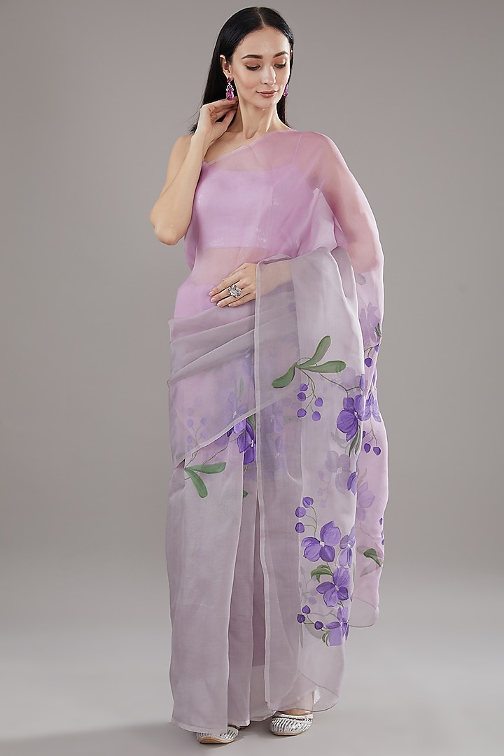 Lavender Silk Organza Floral Hand Painted Saree Set by Kyra By Nina & Deepika at Pernia's Pop Up Shop