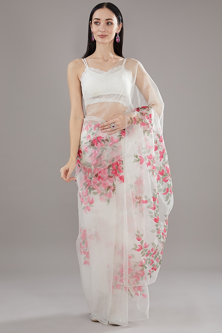 Ivory Silk Organza Floral Hand Painted Saree Set by Kyra By Nina & Deepika