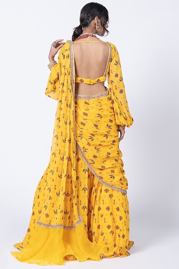 Yellow Georgette & Organza Butta Printed Wedding Saree Set by Kyross at Pernia's Pop Up Shop