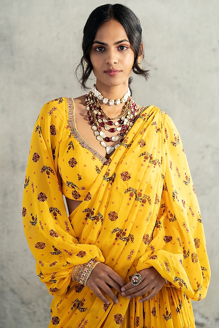 Yellow Georgette & Organza Butta Printed Wedding Saree Set by Kyross at Pernia's Pop Up Shop