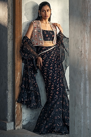 Midnight Black Organza & Georgette Butta Printed Saree Set by Kyross
