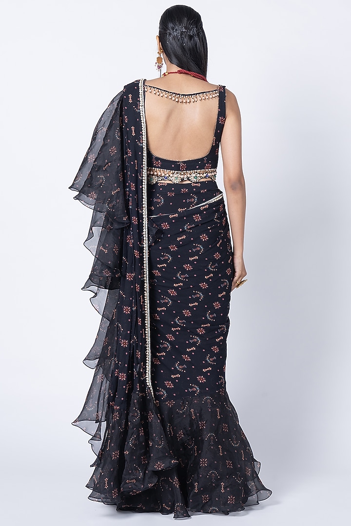 Midnight Black Organza & Georgette Butta Printed Wedding Saree Set by Kyross at Pernia's Pop Up Shop